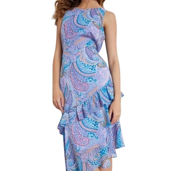 NWT Sam Edelman Summer Paisley Ruffled Midi | Blue Multi Asymmetrical Hem | Sz 4 - Picture 10 of 15
